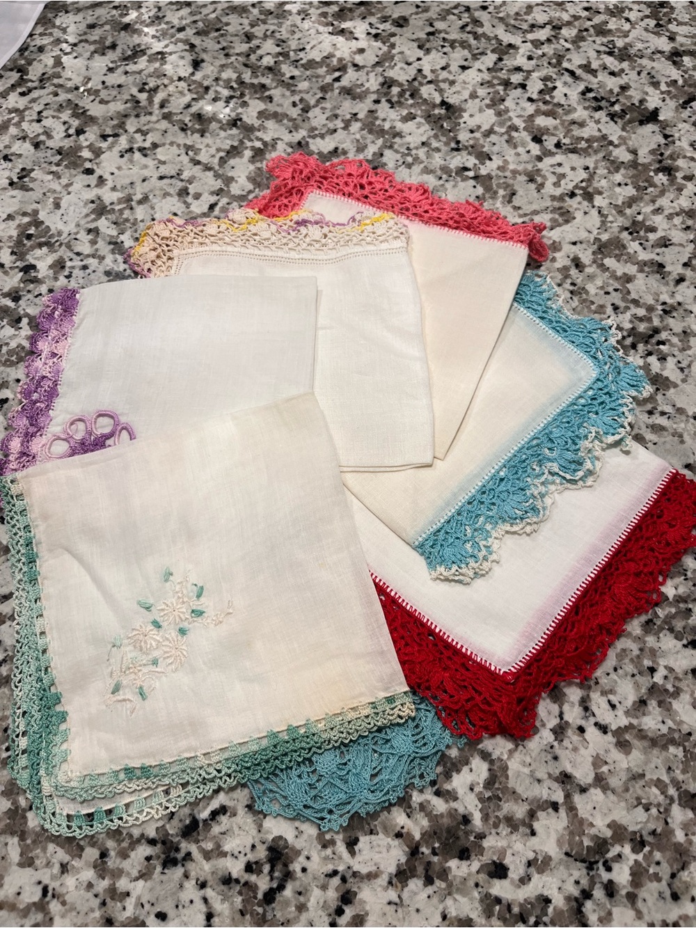 Vintage Cluny Lace & Linen Handkerchiefs with Colorful Crochet Edges Lot of 7